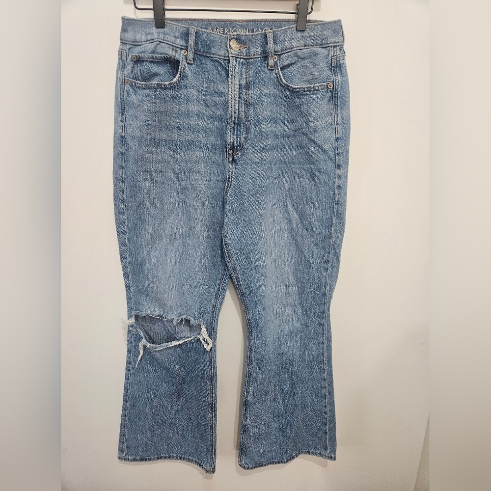 American Eagle Outfitters Distressed Highest Rise 90s Blue Flare Jeans Size 12